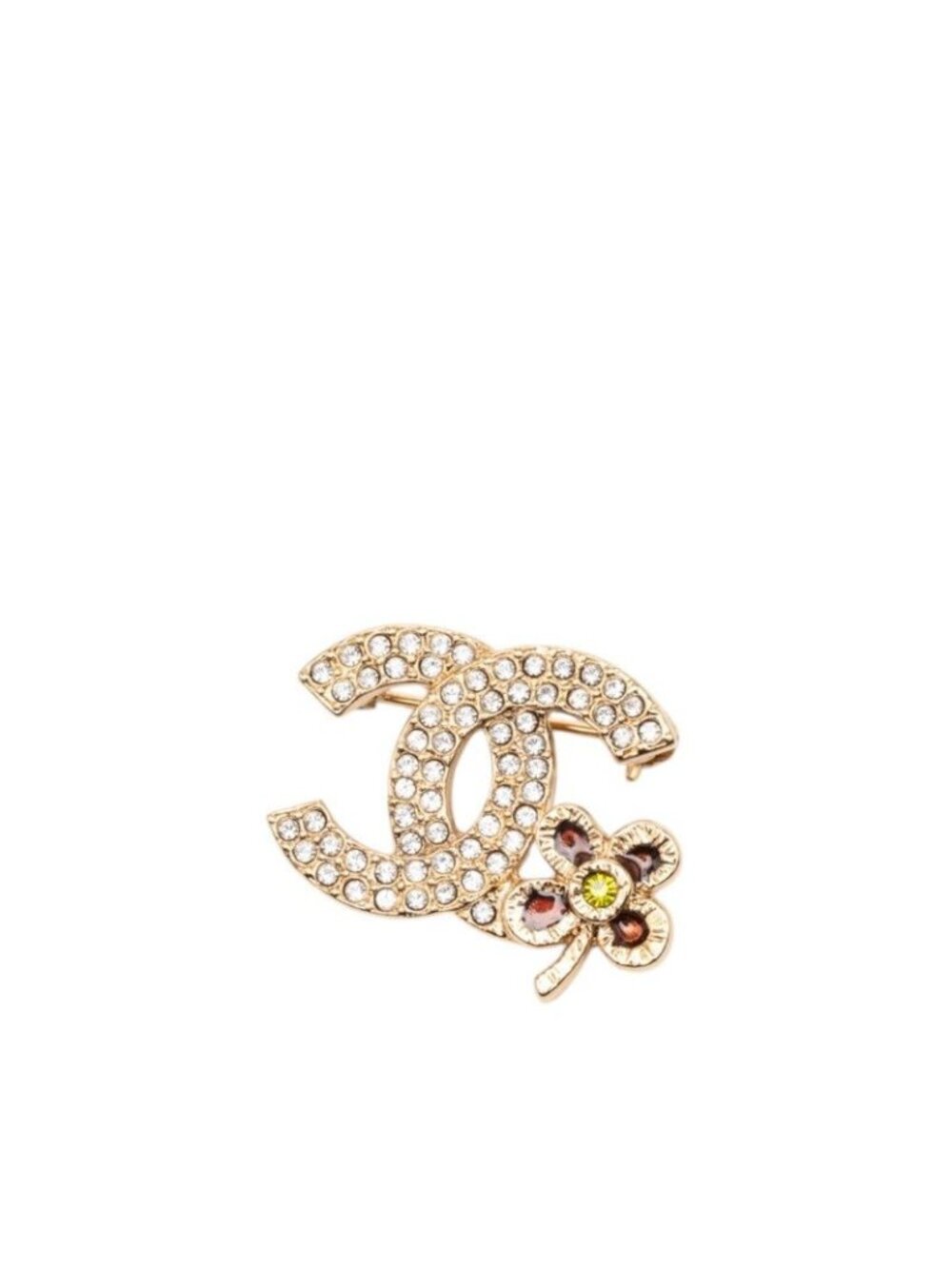 Chanel Cc Logo Crowbar Brooch Gold Line Stone Plated